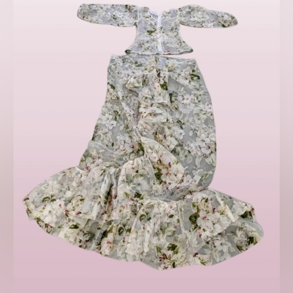 Vintage Couture Floral Two-Piece Dress Set Sheer Size 10